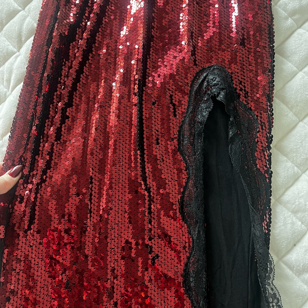 AKIRA Red Sequin Maxi Slip Dress with Black Lace Trim - Picture 4 of 6